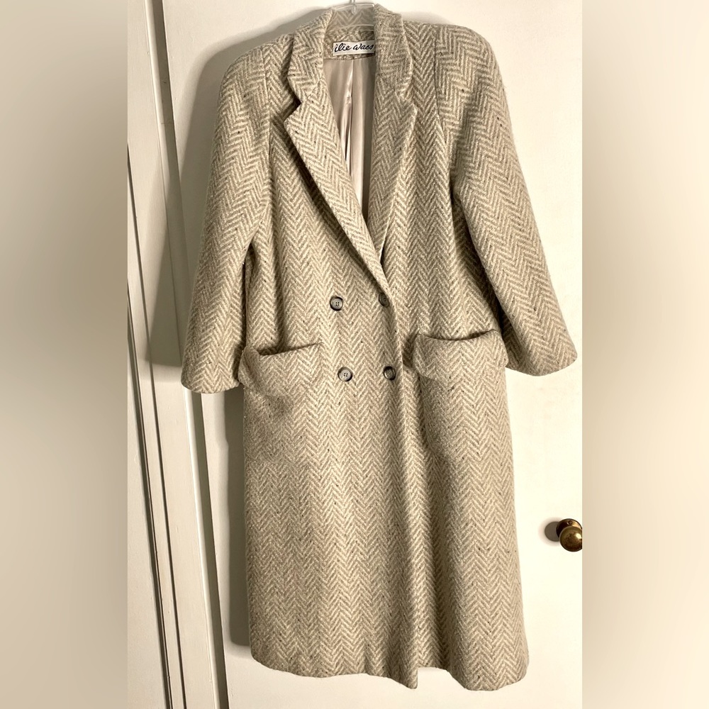 Vtg 1980s Ilie Wacs Wool Double Breasted Herringbone Grey Cream Long Coat 8
